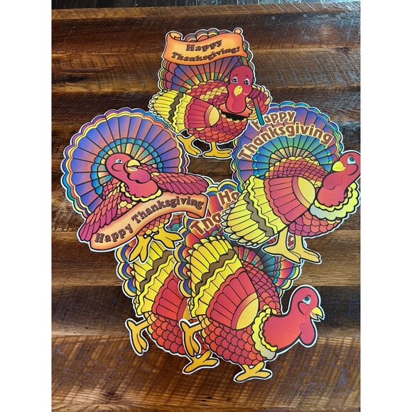 Vintage 1980's Thanksgiving Turkey Window Wall Decor Set Of 7 - Picture 6 of 9